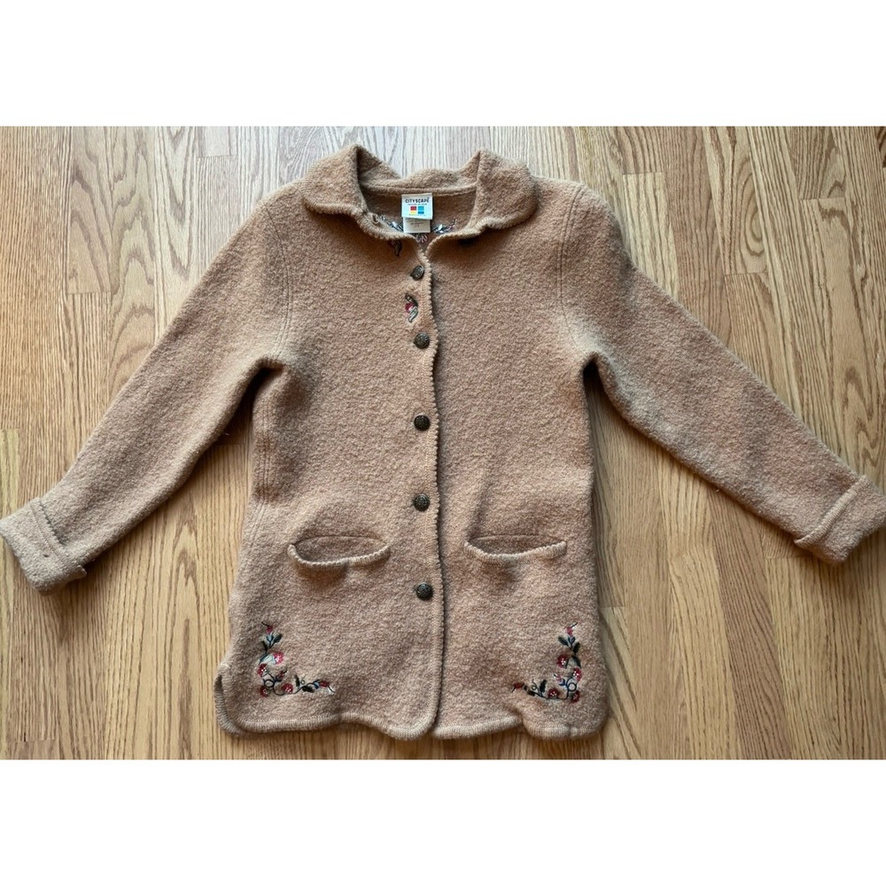VTG Cityscape‎ 100% Boiled Wool Cardigan Sweater Embroidered Floral Cool Buttons